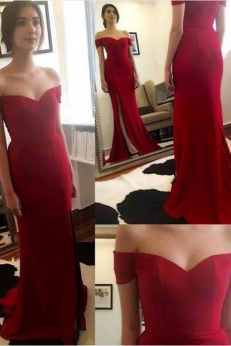 Sexy Slit Prom Dress,red Off Shoulder Party Dresses,sexy Red Evening Dresses,red Off Shoulder Formal Dresses,split Sexy Graduation Dresses