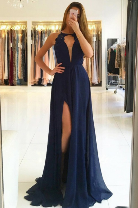 Navy Blue A-line V-neck Chiffon Lace Prom Dress,long Split Evening Dresses