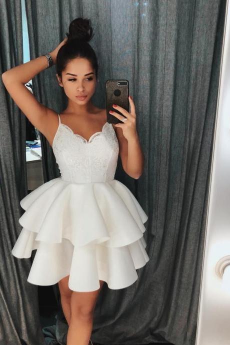 Cute White Spaghetti Straps Homecoming Dress With Lace Top,ruffles Short Prom Dress
