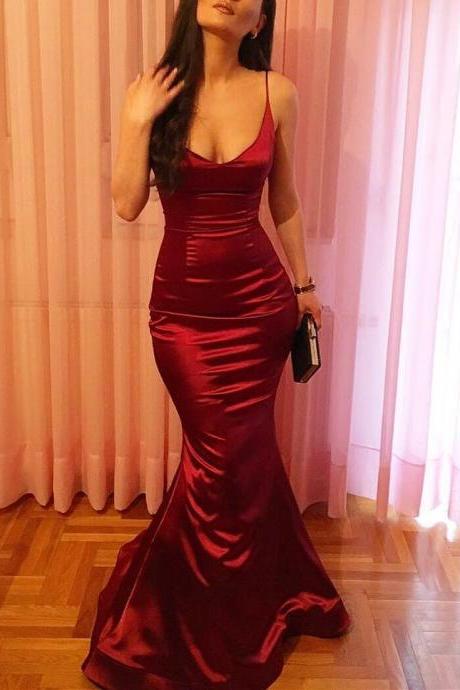 Sexy Dark Red Spaghetti Straps Satin Mermaid Evening Dresses, Beautiful V-neckline Formal Gowns, Prom Dresses