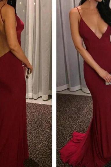 New Style Sexy Spaghetti Straps Burgundy Backless Mermaid Prom Dresses 2017, Mermaid Evening Gowns, Burgundy Formal Dresses