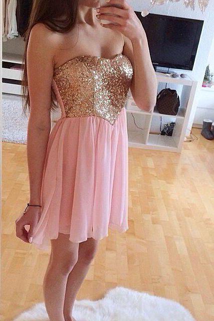 Handmade Sparke A-line Short Pink Chiffon With Sequins, Short Prom Dresses, Homecoming Dresses, Graduation Dresses