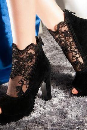 Ulass Sexy Black Lace High Heels, High Heels, Lace Shoes, Woman Shoes