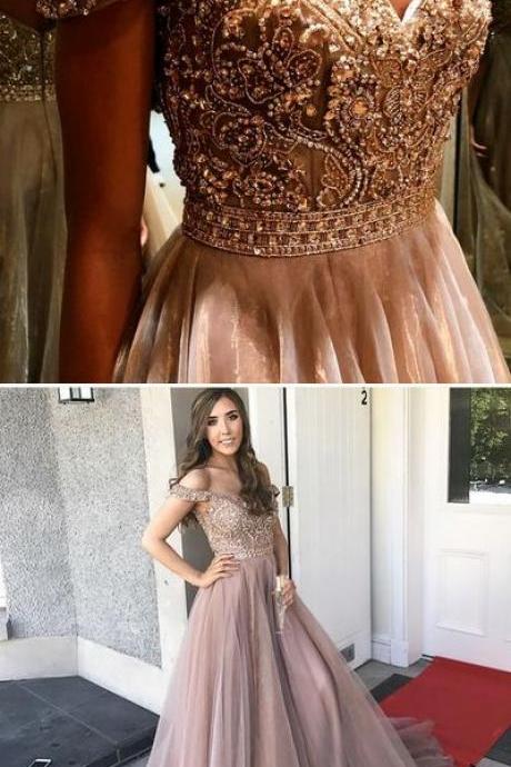 Gorgeous Off The Shoulder Prom Dress, Beading Long Prom Dress, Champagne Tulle Prom Dress