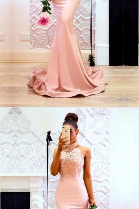 Blush Pink Prom Dress, Halter Mermaid Prom Dress, Elegant Long Stain Party Dress