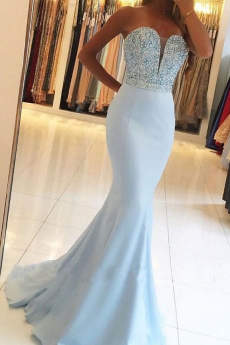 Light Blue Evening Dress, Mermaid Evening Dress, Beaded Evening Dress, Elegant Evening Dress, Sexy Formal Dress, Evening Dresses
