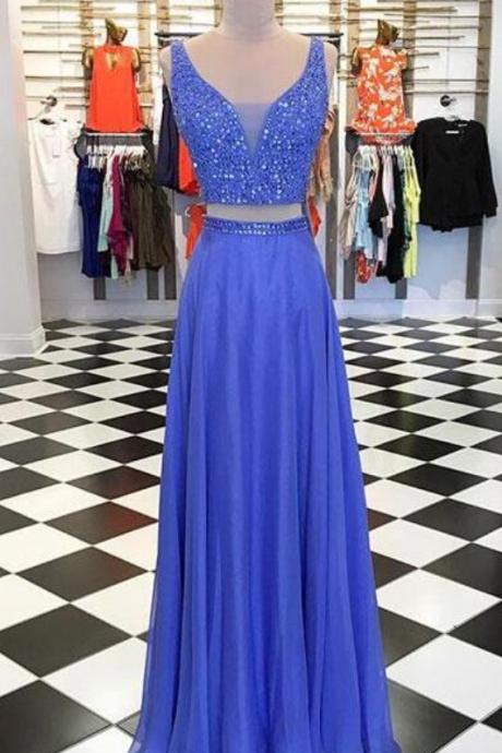 Ulass Two-piece Beading Prom Dress,v-neck Blue Prom Dress,long Prom Dress
