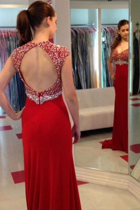Ulass Mermaid Round Neck Prom Dress,open Back Red Prom Dress With Beading, Modest Red Evening Dresses