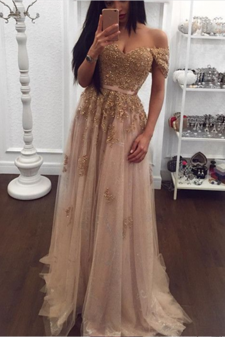 Gold Lace Beaded Sweetheart Tulle Prom Dresses Off-the-shoulder Evening Gowns