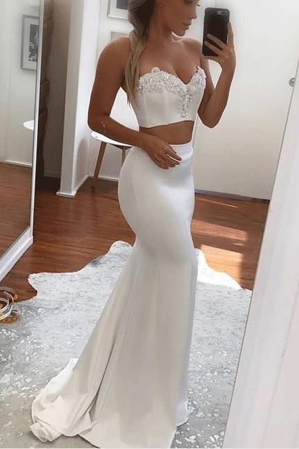White Sweetheart Two Piece Mermaid Prom Dress,applique White Evening Dress