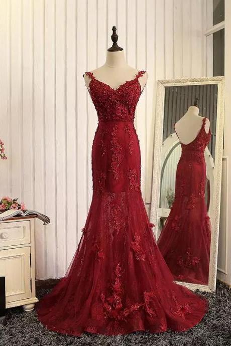 Prom Dress,sexy Elegant Prom Dresses, Wine Red Evening Dress,mermaid Evening Gowns,burgundy Prom Dress,lace Prom Dress,high Quality Graduation