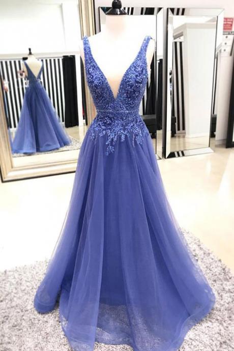 Sexy V Neck Evening Dress, Sleeveless Appliques Tulle Prom Dress, Long Prom Dresses