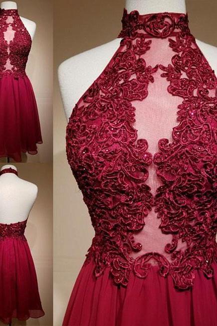 Burgundy Lace Appliques Mesh High Halter Neck Short Chiffon Homecoming Dress Featuring Open Back, Formal Dress