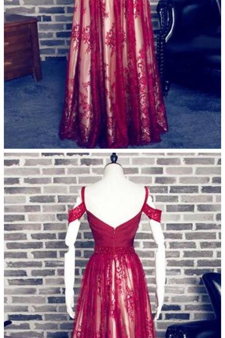 Off Shoulder Dark Red Lace Long Evening Prom Dresses