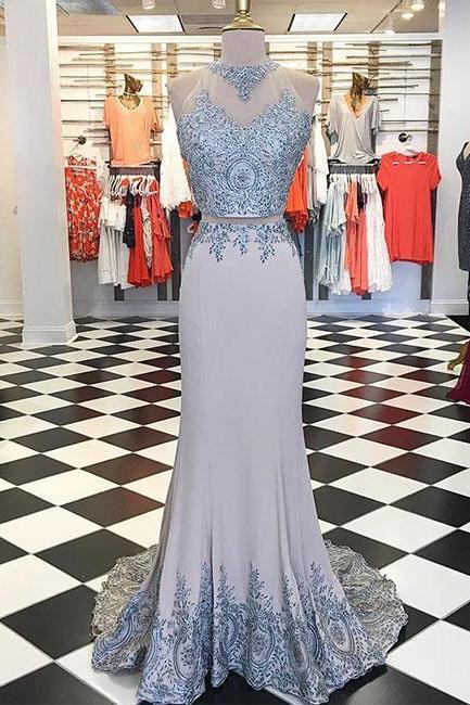 Charming Grey High Neck Lace Two-piece Prom Dress,applique Evening Dress