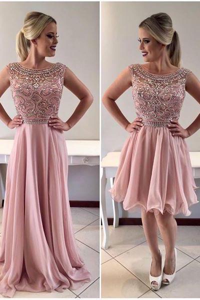 Pink Scoop Neck Crystals Beaded Prom Dress,a-line Chiffon Homecoming Dresses