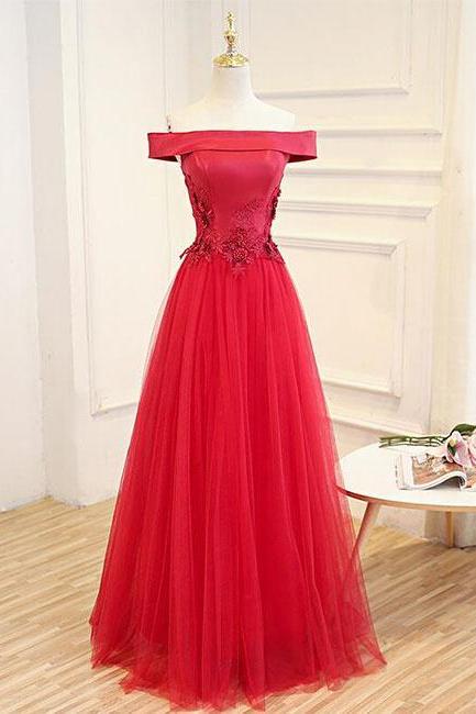 Elegant Red Applique Off The Shoulder Prom Dress,red Tulle Evening Dresses