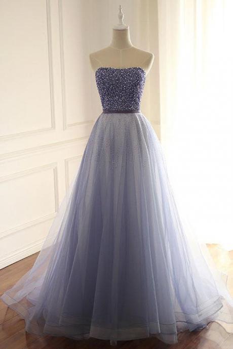 2018 Strapless Blue Beaded Tulle Prom Dress,a-line Blue Evening Dresses