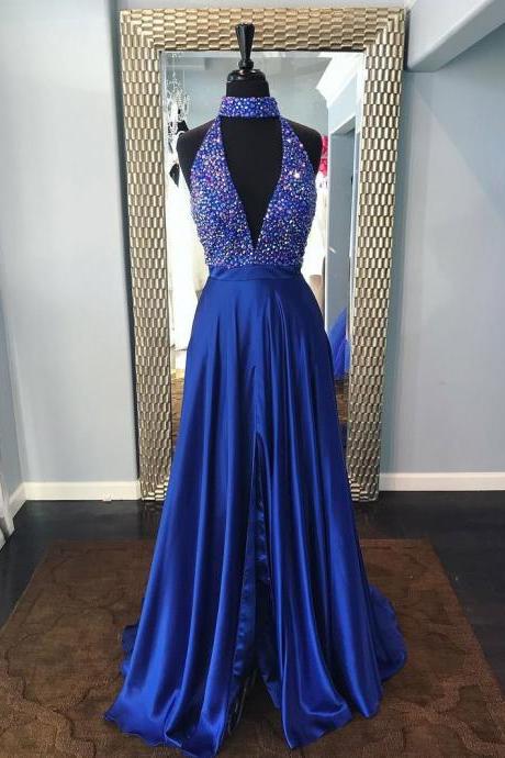 Stunning Royal Blue High Neck Prom Dress With Rhinestones,royal Blue Split Formal Dress