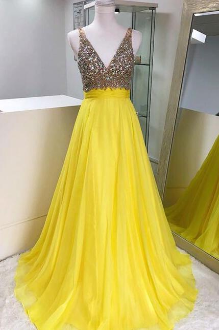 Stunning Yellow V-neck Rhinestones Prom Dress,straps Chiffon Evening Dress