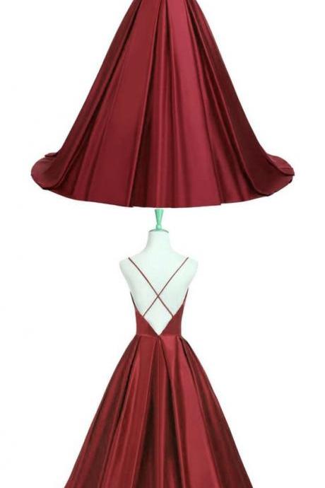 Elegant Spaghetti Straps Prom Dress, Long Burgundy A-line Prom Dress
