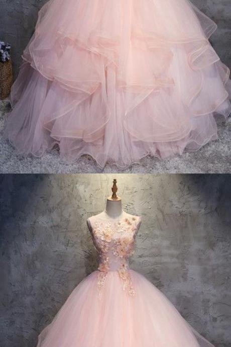 Fashion Pink Round Neck A-line Tulle Long Prom Evening Dress