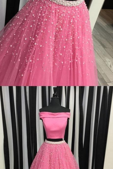 two piece ,off the shoulder ,watermelon long prom dress, 2018 prom dress with white pearls,New Fashion,Custom Made ,Sleeveless Evening Dress,New Fashion,Custom Made