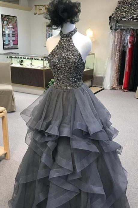 Sexy Ruffled Red Party Dresses,2018 High Neck Gray Prom Dresses With Open Back,backless Prom Dress,tulle Prom Dress