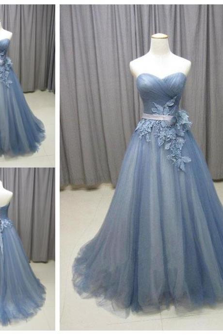 Gray Blue Sweetheart Neck Tulle Long Prom Dress, Gray Evening Dress