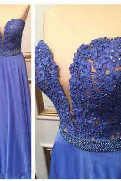 Plunging V Sweetheart Lace Appliques A-line Floor-length Prom Dress, Evening Dress