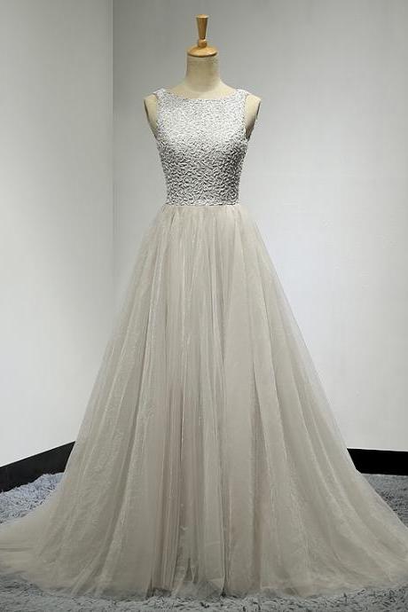 Silver Prom Dresses, Beaded Prom Dresses, Tulle Banquet Gowns, Celebrity Dresses, Wedding Party Dresses