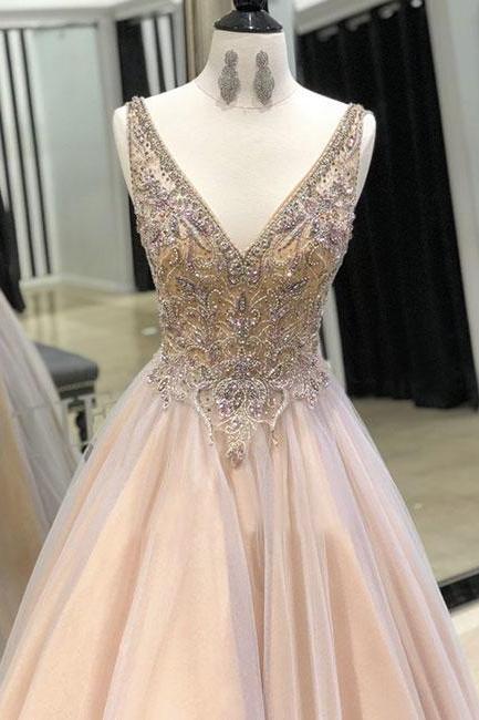 Champagne V Neck Tulle Long Prom Dress, Evening Dress