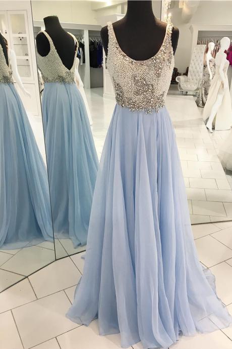 Scoop Neck Light Blue Chiffon Prom Dress With Pearls Crystals