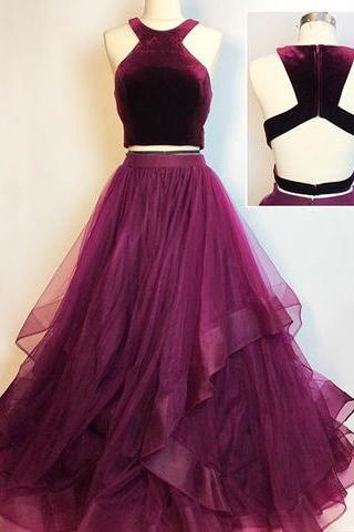 Two Pieces Prom Dress With Velvet Crop Top