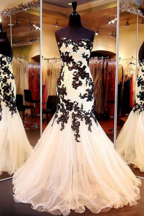 Sleeveless Mermaid Formal Occasion Prom Dress With Black Appliques Lace