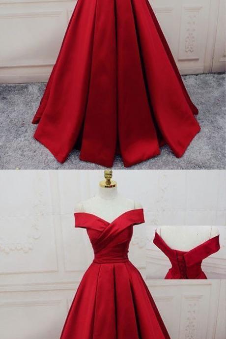 Red Off Shoulder Satin Prom Dress, Red Party Gowns, Red Party Dresses