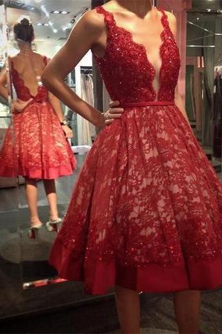 Deep V Neck Lace Dark Red Knee Length Vintage Prom Dresses Homecoming Dress