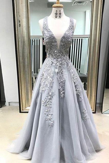 Deep V Neck Long Prom Dresses With Appliques