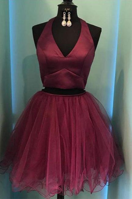 Burgundy Two-piece Homecoming Dress,v-neck Short Prom Dress,halter Homecoming Dresses