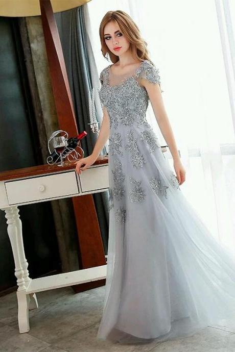 Vintage Silver Prom Dress, Lace Evening Dresses, Short Sleeve Prom Dress, A Line Tulle Party Dresses, Long Prom Dress, Sheer Evening Dress,