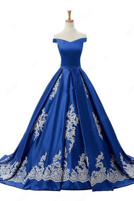 Off The Shoulder Satin Sweep Train Appliques Lace Princess Royal Blue Long Prom Dress