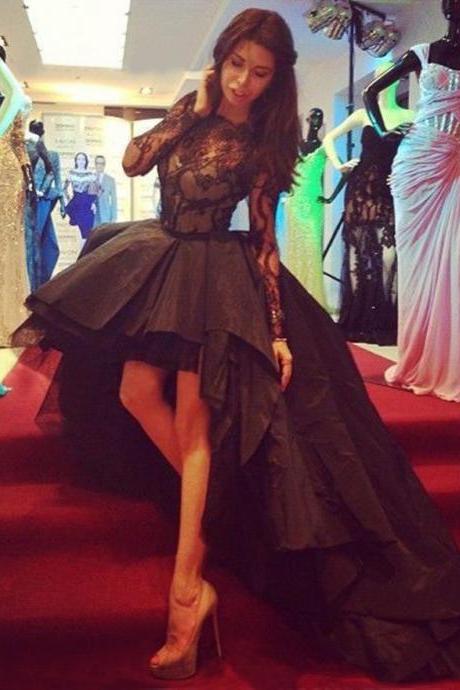 Sexy Black Puffy High Low Black Prom Dresses Long Sleeves Train Sheer Illusion Neck Sleeves Evening Party Dresses Gowns