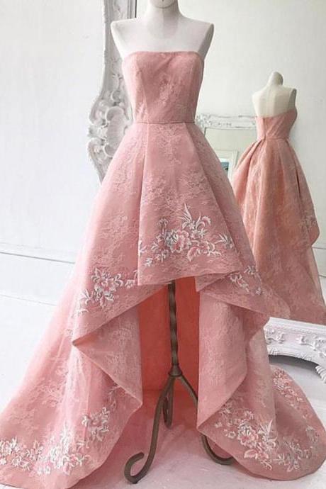 Pink High Low Prom Dresses Strapless Lace Formal Dress Evening Gowns 