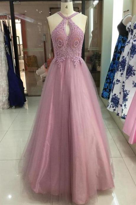 Dusty Rose Halter Lace Applique Tulle Prom Dresses Backless Long Prom Dress