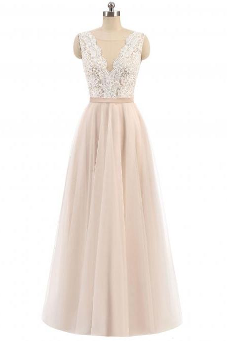 A-line Lace And Tulle Long Simple Formal Dresses Bridesmaid Dresses