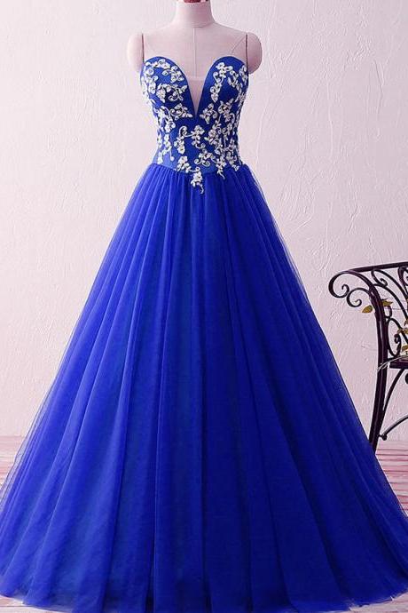 Royal Blue Sweetheart Appliques Beaded Evening Dresses Ball Gowns Floor Length 2019 Vintage