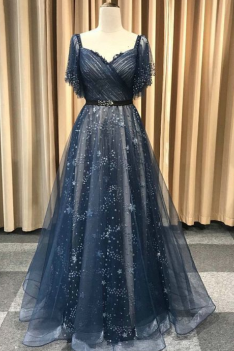 Gorgeous Deep Blue Lace Long A Line Prom Dress, Evening Dress With Sleeves