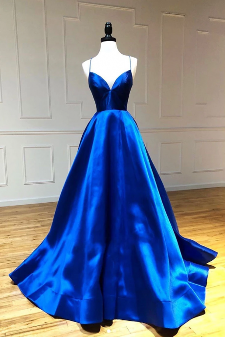 A-line Spaghetti Straps Royal Blue Long Prom Dresses Party Dresses