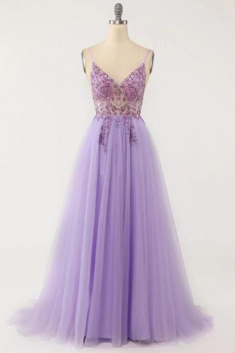 Purple Beaded Tulle Long Prom Dress Formal Dress