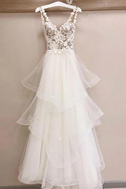 White V Neck Tulle Lace Long Prom Dress, White V Neck Evening Dress F-4255
